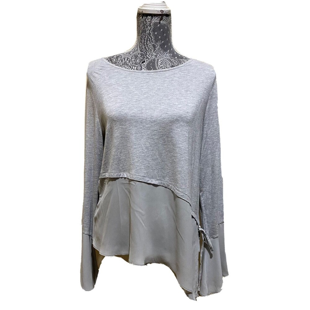Bar III Gray Asymmetrical Blouse Womens L Bell Sleeve Sheer Layered Tunic Top